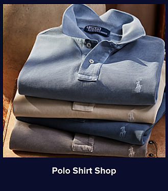 An image of a stack of folded polo shirts. Shop polo shirt shop. 