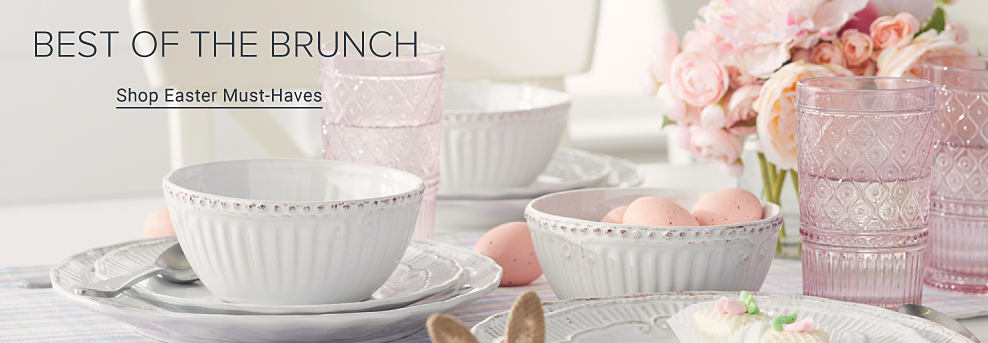 An image of a table set with dinnerware and Easter decor. Best of the brunch. Shop Easter must haves.