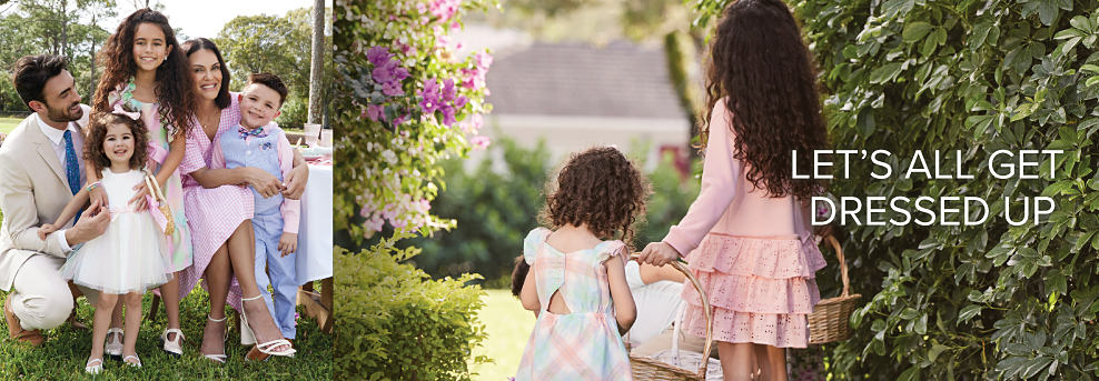 Image of a family in pastel colored dresswear. Let's all get dressed up. Image of a girl in a pink dress and a girl in a pink and blue dress holding baskets.