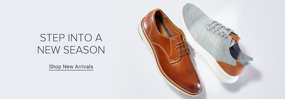 A brown dress shoe and a gray knit dress shoe with a sports sole. Step into a new season. Shop new arrivals.