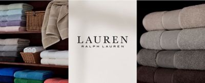 Shelves filled with folded towels in different colors. Lauren Ralph Lauren.