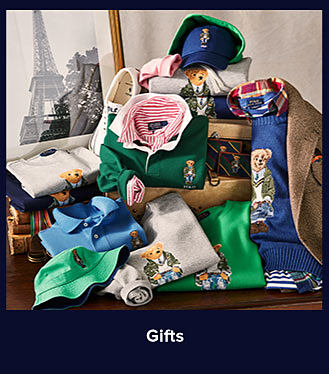 An assortment of Polo Ralph Lauren apparel, including shirts, hats, sweaters and sport coats. Shop gifts.