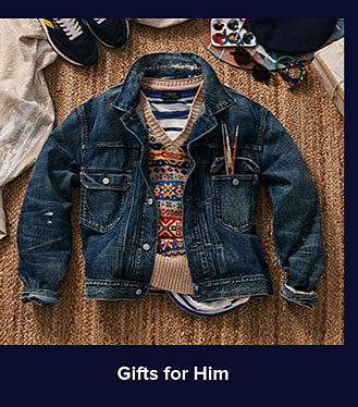 A men's denim jacket and sweater. Shop gifts for him.