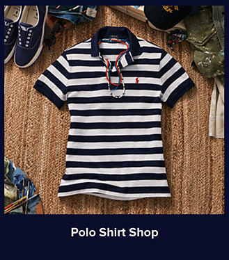 A blue and white striped Polo shirt. Shop Polo Shirt Shop.