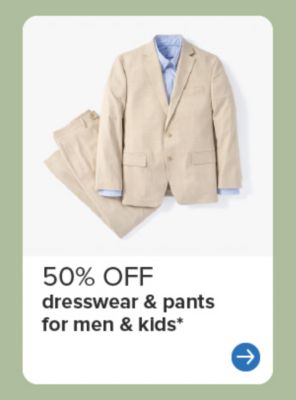 Image of a light brown suit. 50% off dresswear and pants for men and kids.