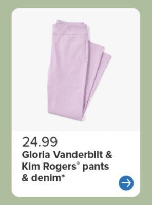 Image of lavender pants. $24.99 Gloria Vanderbilt and Kim Rogers pants and denim.