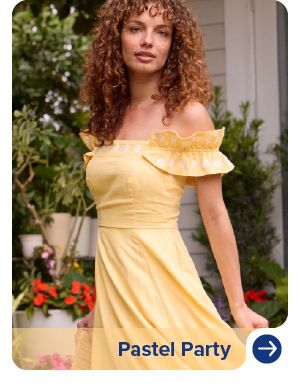 An image of a woman wearing a yellow dress. Pastel party.