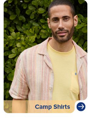 An image of a man wearing a short sleeve button front shirt over a tee. Camp shirts.