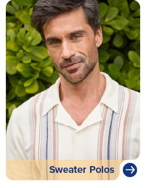An image of a man wearing a sweater polo. Sweater polos.