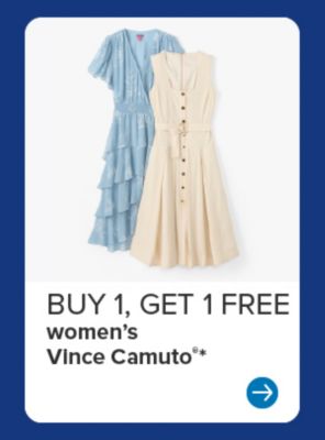 Image of a blue dress and a white dress. Buy 1, get 1 free women's Vince Camuto.
