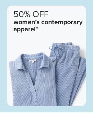 50% off women's contemporary apparel. Blue striped pajama set. 
