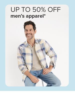 Up to 50% off men's apparel. Man in blue and white plaid flannel shirt. 