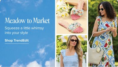 TrendEdit. Meadow to market. Squeeze a little whimsy into your style. Shop now. An image of a woman in a fruit dress.