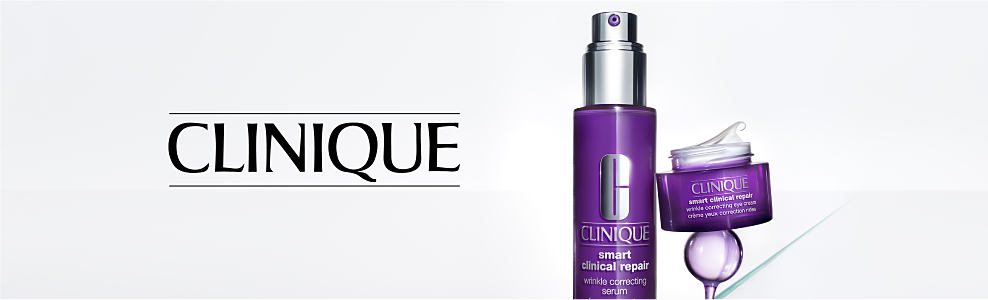Two Clinique skincare products. The Clinique logo.