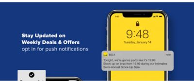 A smartphone displaying a push notification from the Belk app. Stay Updated on Weekly Deals & Offers. Opt in for push notifications.