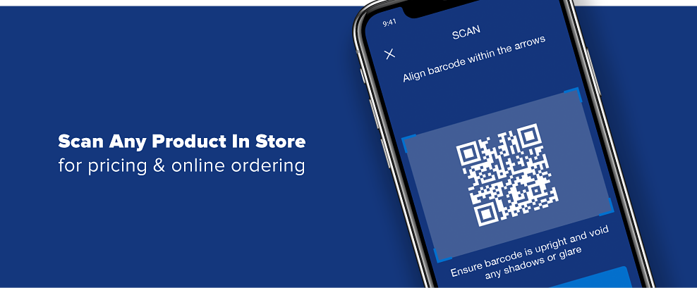 A smartphone displaying a Q R code. Scan Any Product in Store for pricing & online ordering.