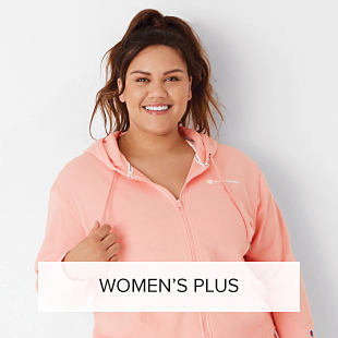 Image woman in pink hoodie. Shop women's plus.