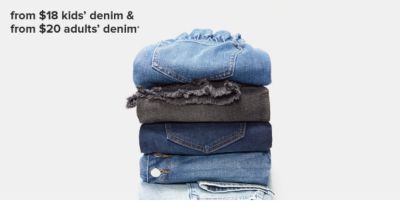 Stack of blue and black jeans. $18 kids denim and from $20 adults' denim.