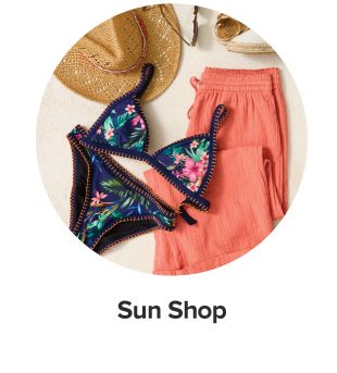 An image of a swimsuit, coverup and hat. Sun shop.