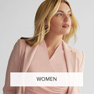An image of a woman wearing a light pink top with a match jacket. Shop women. 