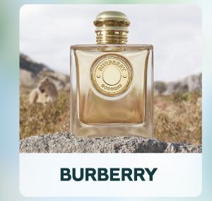 Shop Burberry. A perfume bottle in an open field.