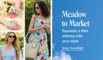 Meadow to market. Squeeze a little whimsy into your style. Shop TrendEdit. A collage of red and white checkered sandals, a woman in a blue and white stripped dress and a woman in dress with fruit printed on it.