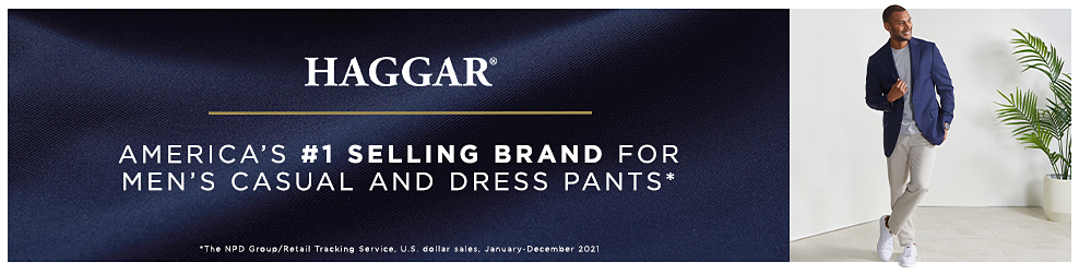 A man wears a blue blazer over a gray tee, with khakis and white sneakers. Haggar. America's number one selling brand for men's casual and dress pants. From the NPD Grove Retail Tracking Service, United States dollar sales from January to December 2021. 