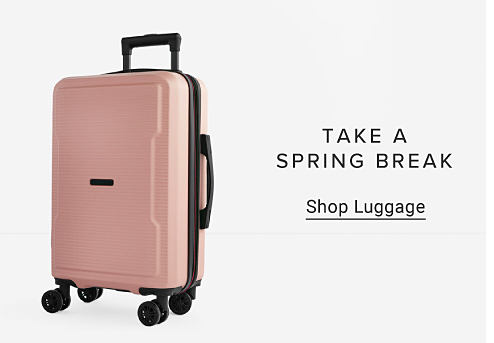 An image of a pink rolling suitcase. Take a spring break. Shop luggage.