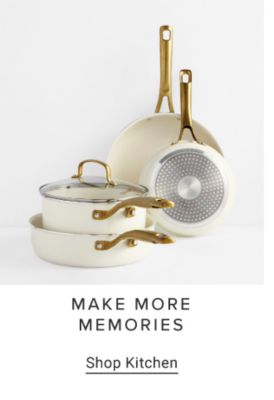 An image of a white cookware sets. Make more memories. Shop kitchen.