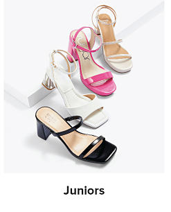 An image of high heeled sandals. Shop juniors.
