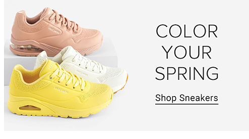 An image of three of the same model fashion sneaker in light pink, white and yellow. Color your spring. Shop sneakers.