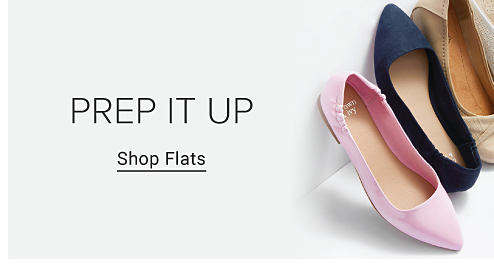 An image of flats in pink, blue and beige. Prep it up. Shop flats.