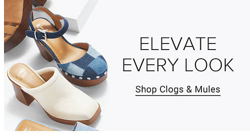 An image of a white clog and a blue patchwork clog. Elevate every look. Shop clogs and mules.