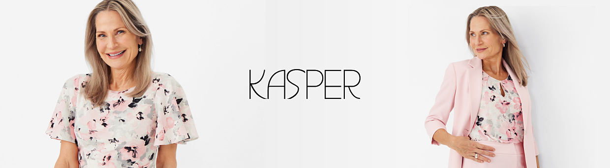 Image of a woman wearing a patterned white, pink, gray and black blouse. Kasper brand logo. Image of the same woman wearing a patterned white, pink, gray and black blouse, a pink blazer and matching pink pants. 