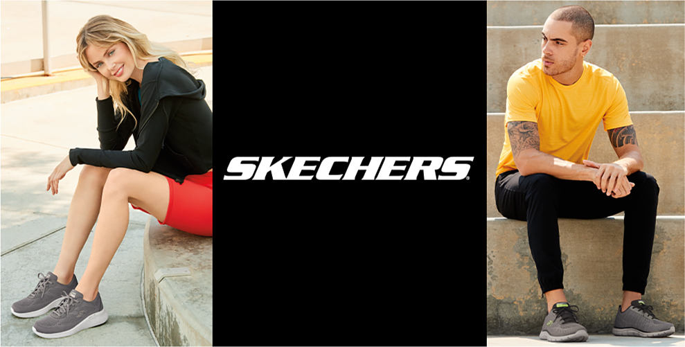 Image of a man and woman wearing Skechers sneakers. Skechers logo.