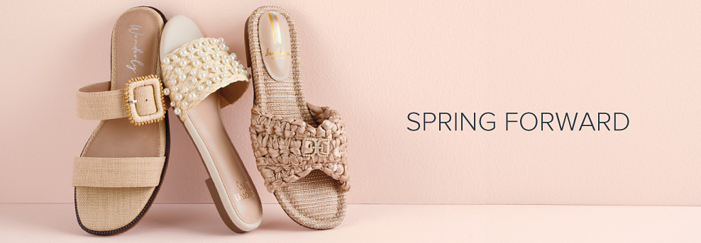 Image of 3 beige sandals. Spring forward.