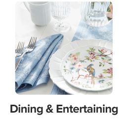 An image of plates, napkins and drinkware. Dining and entertaining. 