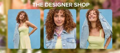 Image of a woman wearing a light green dress and a denim jacket. The designer shop.