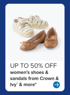 A pair of sneakers and brown loafers. Up to 50% off women's shoes and sandals from Crown and Ivy and more.