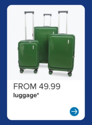 A set of three green rolling suitcases. From 49.99 luggage.