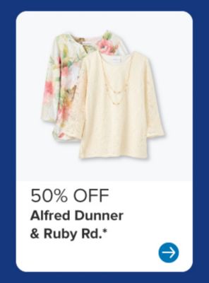 A floral top and a cream colored top. 50% off Alfred Dunner and Ruby Road.