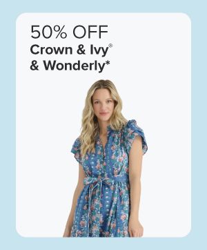 50% off Crown and Ivy and Wonderly. Woman in blue floral dress. 