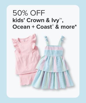 50% off kids' Crown and Ivy, Ocean plus Coast and more. Pink tank top with blue striped dress. 