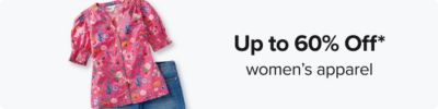 Up to 60% off womens apparel. Shop deals. A womens pink blouse and denim jeans.
