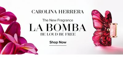 Image of butterfly perfume bottle and flowers. Carolina Herrera. The new fragrance. La Bomba. Be loud. Be free. Shop Now.
