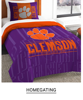 Purple and orange Clemson bedding. Shop homegating.