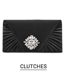 A black clutch with a gemstone accent. Shop clutches.