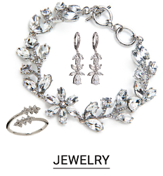 A set of earrings, a necklace and a bracelet. Shop jewelry.