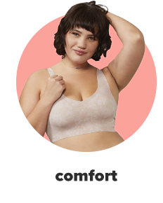 A woman in a light pink and white bra. Comfort.