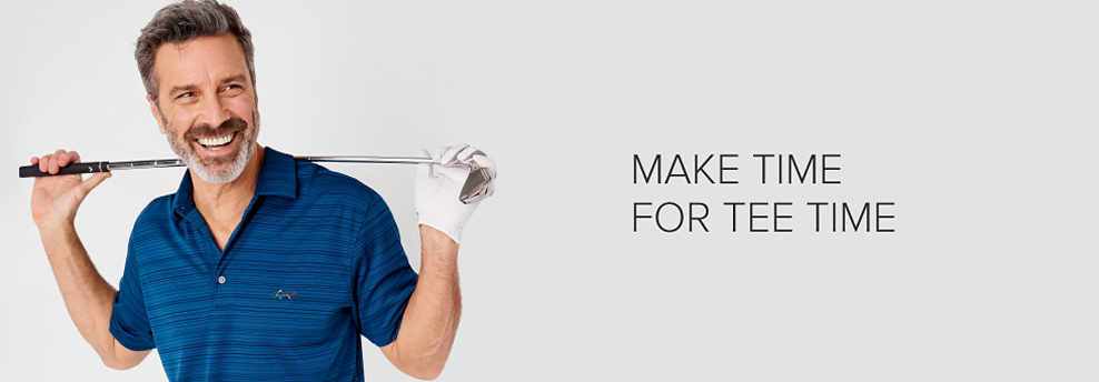 A man in a blue golf polo holds a golf club across his shoulders. Make time for tee time. 